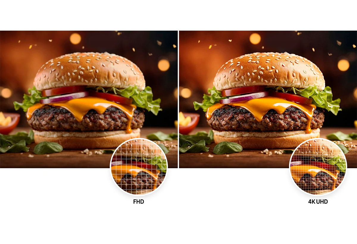 Απεικονίζεται η εικόνα ενός μπέργκερ σε FHD και 4K UHD.